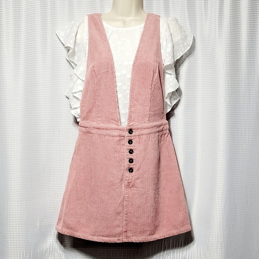 Honey Belle Pink Corduroy Overall Mini Dress (M)